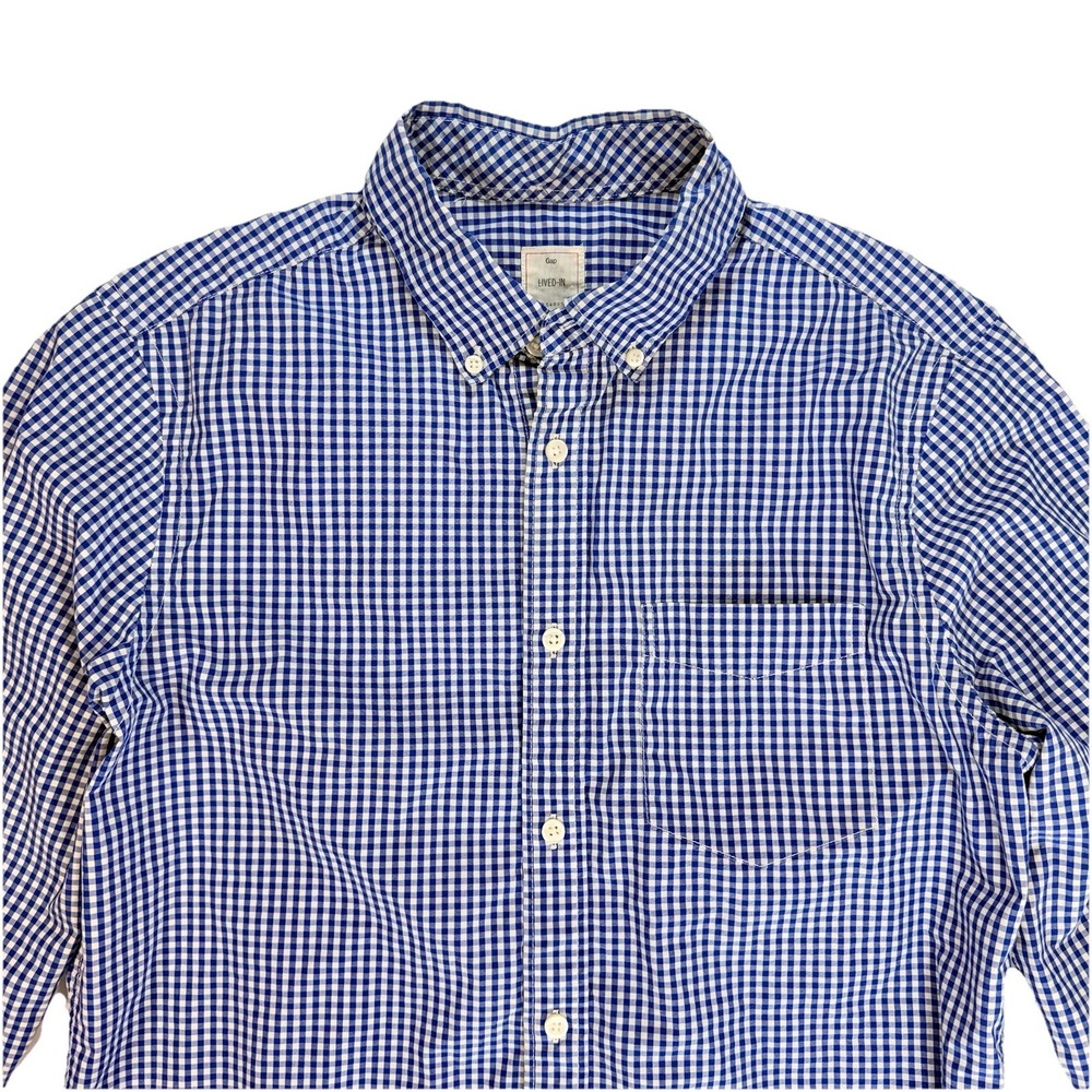 Gap Lived-In Blue Plaid Check Button Down Shirt Cotton Size Medium Casual EUC